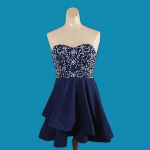 B. Darlin Blue Rhinestone Strapless Formal Dress 5/6 Prom HOCO Flouncy Short
